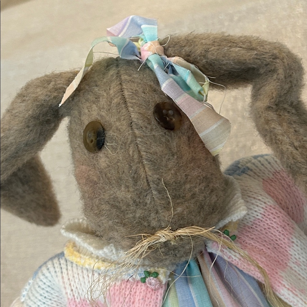 Vintage Hand Crafted Wool Bunny Pastel Dress with Sweater Decoration Handmade - Picture 2 of 8